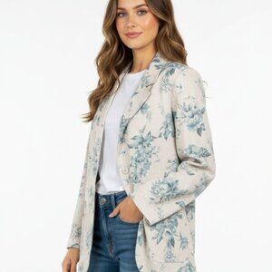 NWT Sag Harbor Button Down Jacket: Khaki & Blue Floral Print Linen Blend Size 12